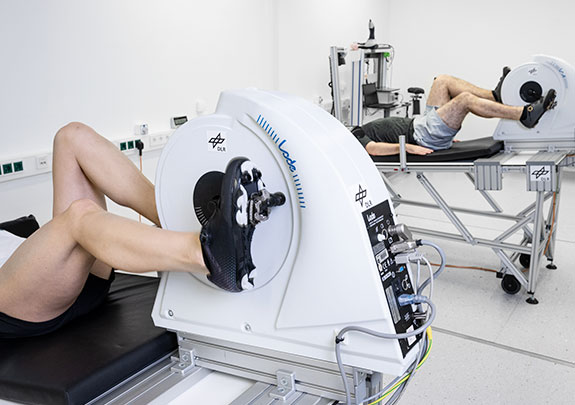 Probanden beim Training mit dem Liegend-Fahrradergometer. © DLR. Alle Rechte vorbehalten.